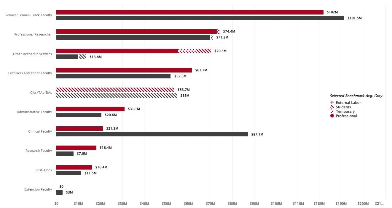Bar chart displaying how different categories of faculty and staff compare against benchmarks.