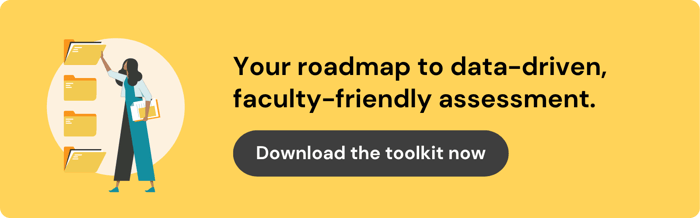 ID: On the left is an illustration of a person placing papers in a series of large files. On the right text reads: "Your roadmap to data-driven, faculty-friendly assessment."