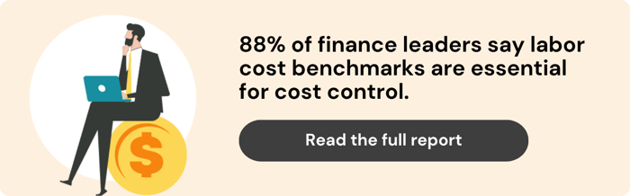 ID: A business leader sitting on a large gold coin, working on a laptop. Text reads: "88% of finance leaders say labor cost benchmarks are essential for cost control." Below the text is a button that says, "Read the full report."