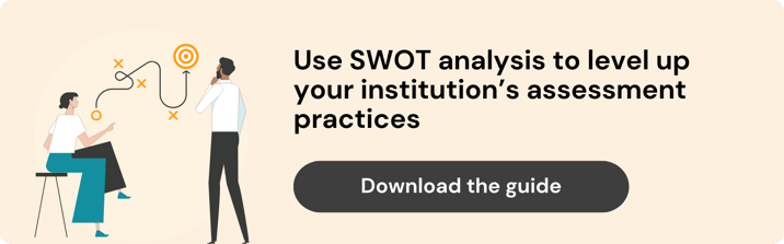 ID: On the left, an illustration of two people analyzing a map. On the right text reads, Use SWOT analysis to level your institution's assessment practices.