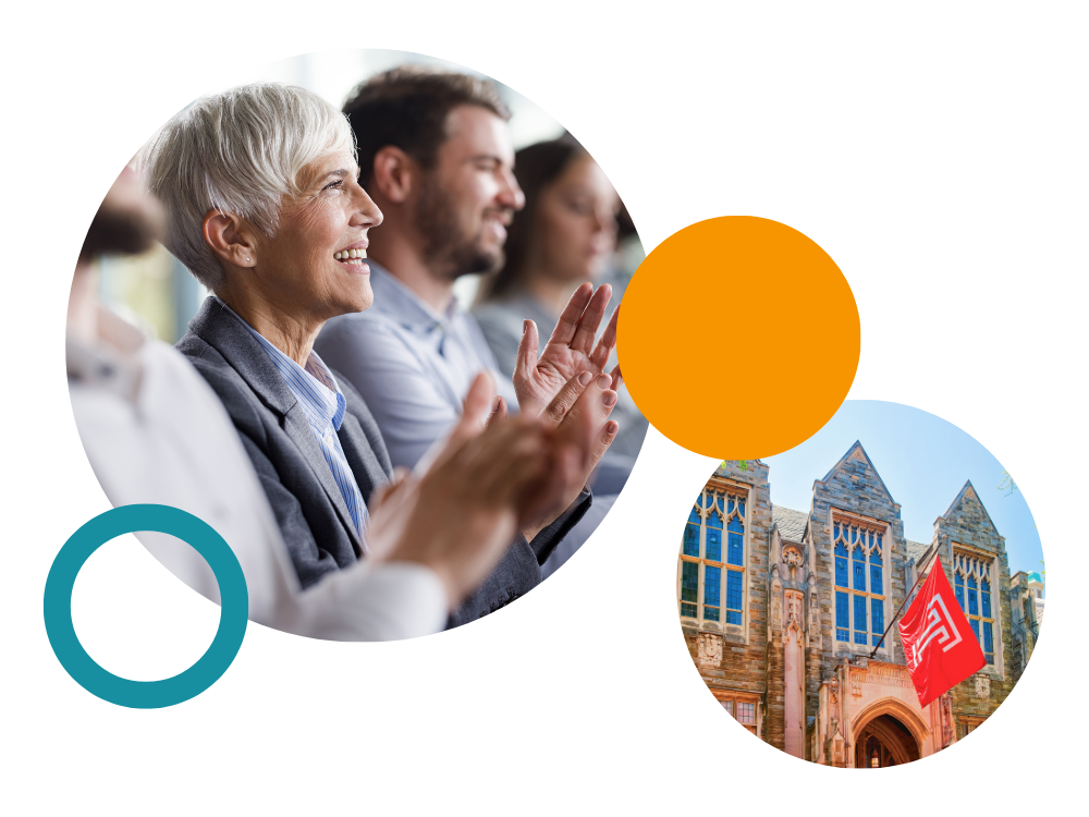 Circles with images that contain a short, gray haired woman clapping amidst a larger audience, and an image of Temple University's flag against a building.