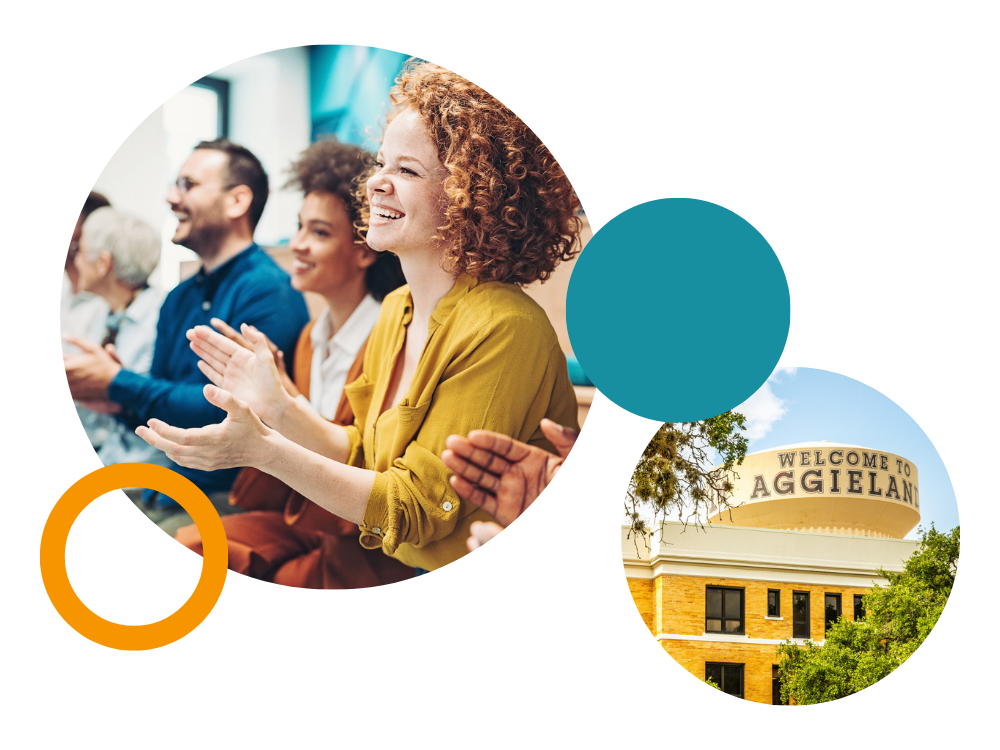 Circles with images that contain a red headed woman in a yellow shirt clapping amidst a larger audience, and the iconic 'Welcome to Aggieland' water tower at Texas A&M University.
