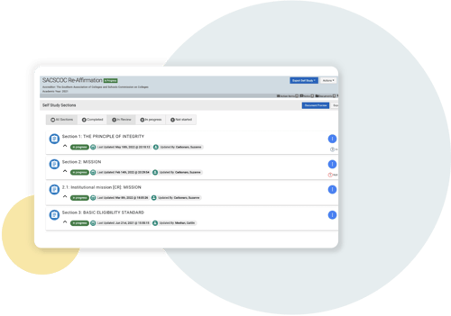 Image of a SACSCOC self study dashboard in HelioCampus Assessment and Credentialing