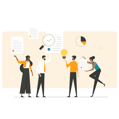 Illustration of four people holding up documents, light bulbs and checklists