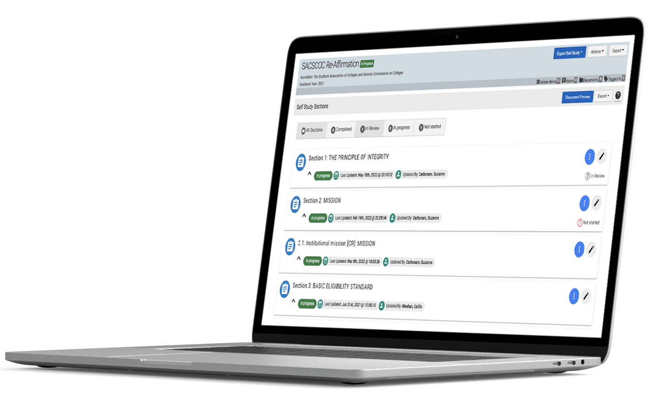 Laptop with a dashboard view of HelioCampus Accreditation and Planning platform