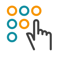 Icon of a grid of circles with a hand touching one