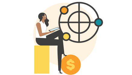 A woman sits with a tablet next to a target with three colored circles and a dollar sign.
