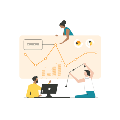 An illustration of a diverse team collaborating on data analysis, interacting with a large dashboard containing various charts and graphs.