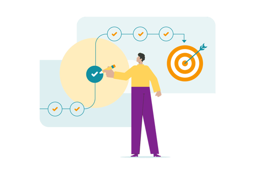 An illustration of a man using a pencil to map a path of teal checkmark icons toward a large target with an arrow. An illustration of a man using a pencil to map a path of teal checkmark icons toward a large target with an arrow.