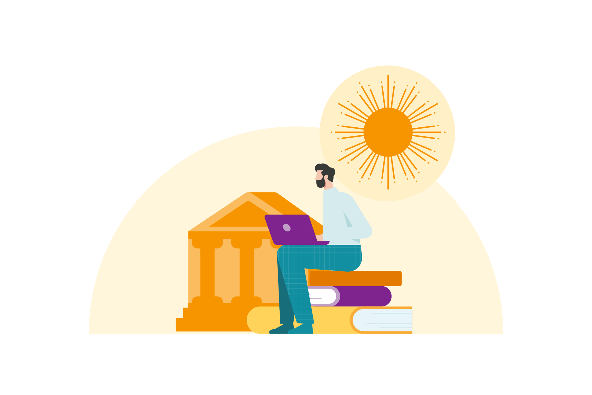 An illustration of a man sitting on a stack of yellow and purple books while using a laptop, with a sun icon and building behind him.