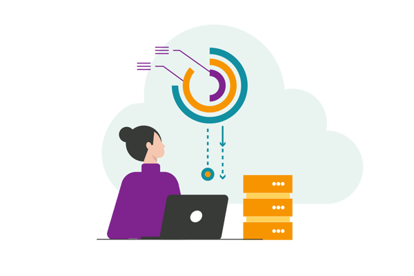 An illustration of a woman at a laptop looking up at a multi-colored circular chart that connects down toward stacked orange database servers. An illustration of a woman at a laptop looking up at a multi-colored circular chart that connects down toward stacked orange database servers.