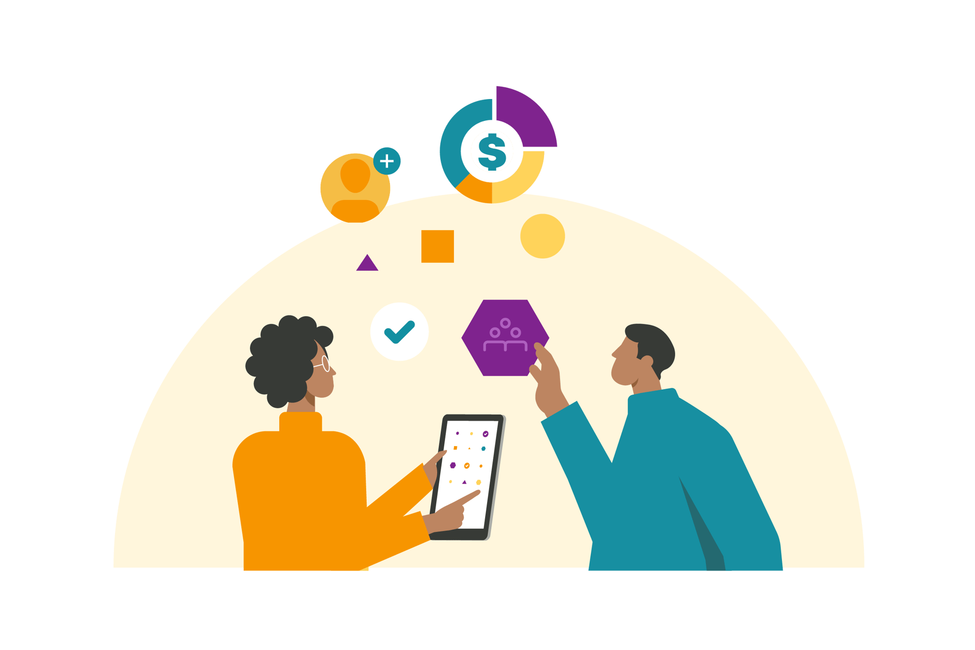 An illustration of two people using a tablet to analyze floating business icons, including a pie chart and a team metric.
