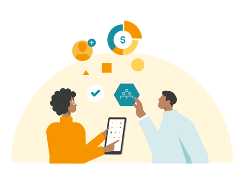 An illustration of a man and a woman working together over an ipad to solve a problem. An illustration of a man and a woman working together over an ipad to solve a problem.