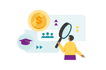 An illustration of a person holding a large magnifying glass to inspect data icons including an orange coin and a graduation cap.