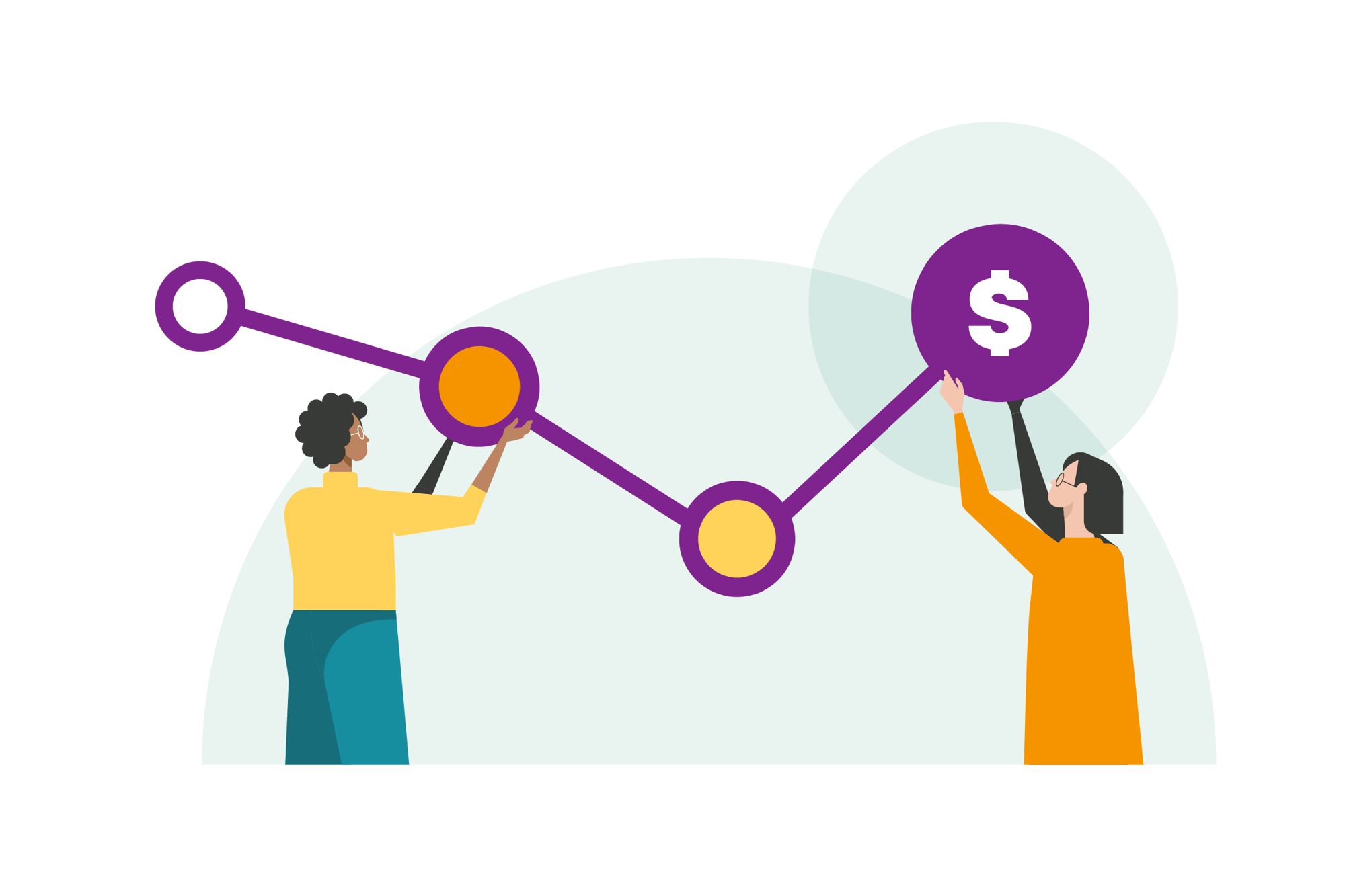 An illustration of two people supporting a purple line graph that trends upward to end at a circular icon with a white dollar sign.