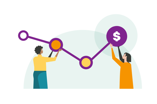 An illustration of two people supporting a purple line graph that trends upward to end at a circular icon with a white dollar sign.