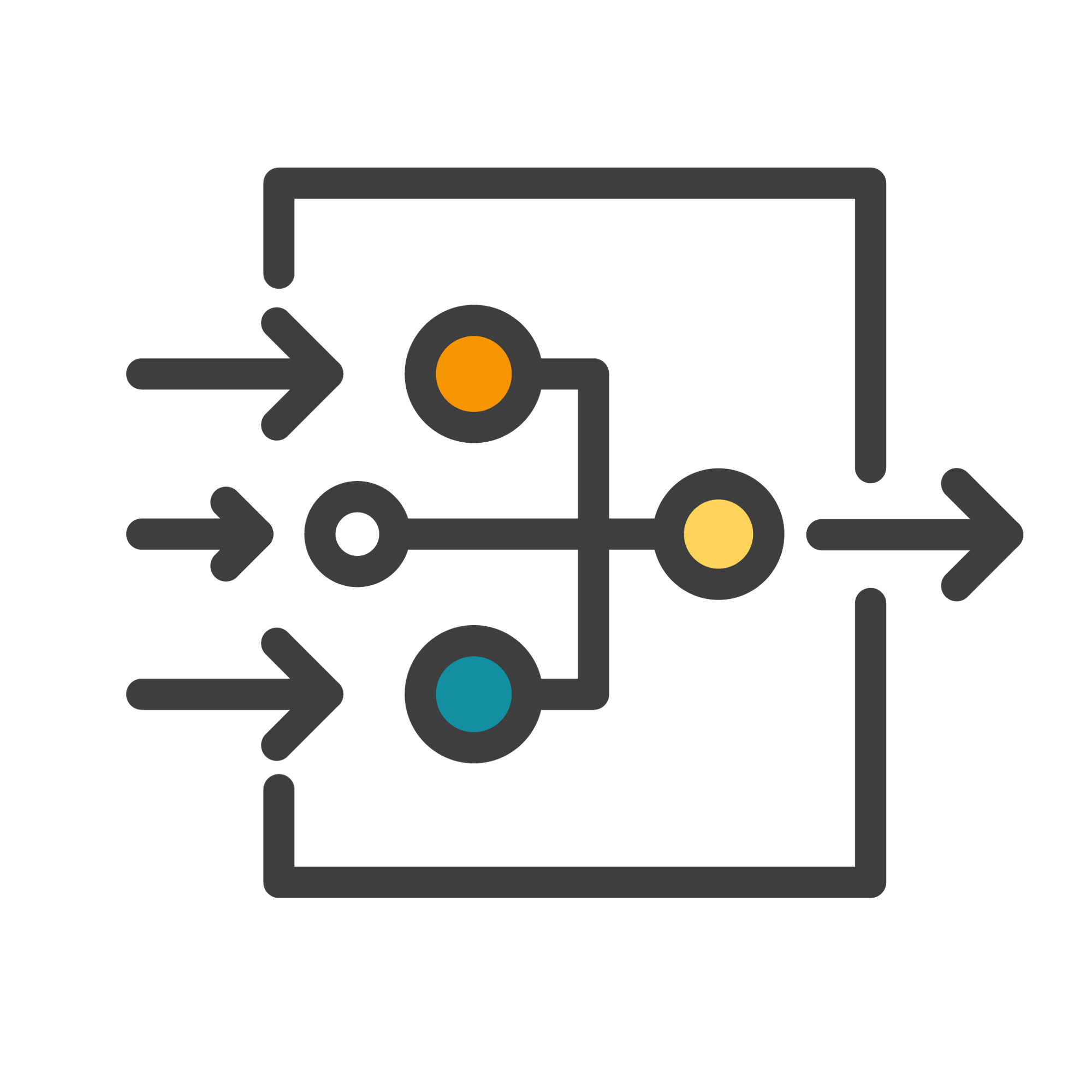 An illustration of three grey arrows pointing into a square box that merges data nodes into a single grey arrow pointing out the right side.