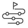 An illustration of a winding black roadmap with circular milestone nodes leading toward a destination flag at the top.
