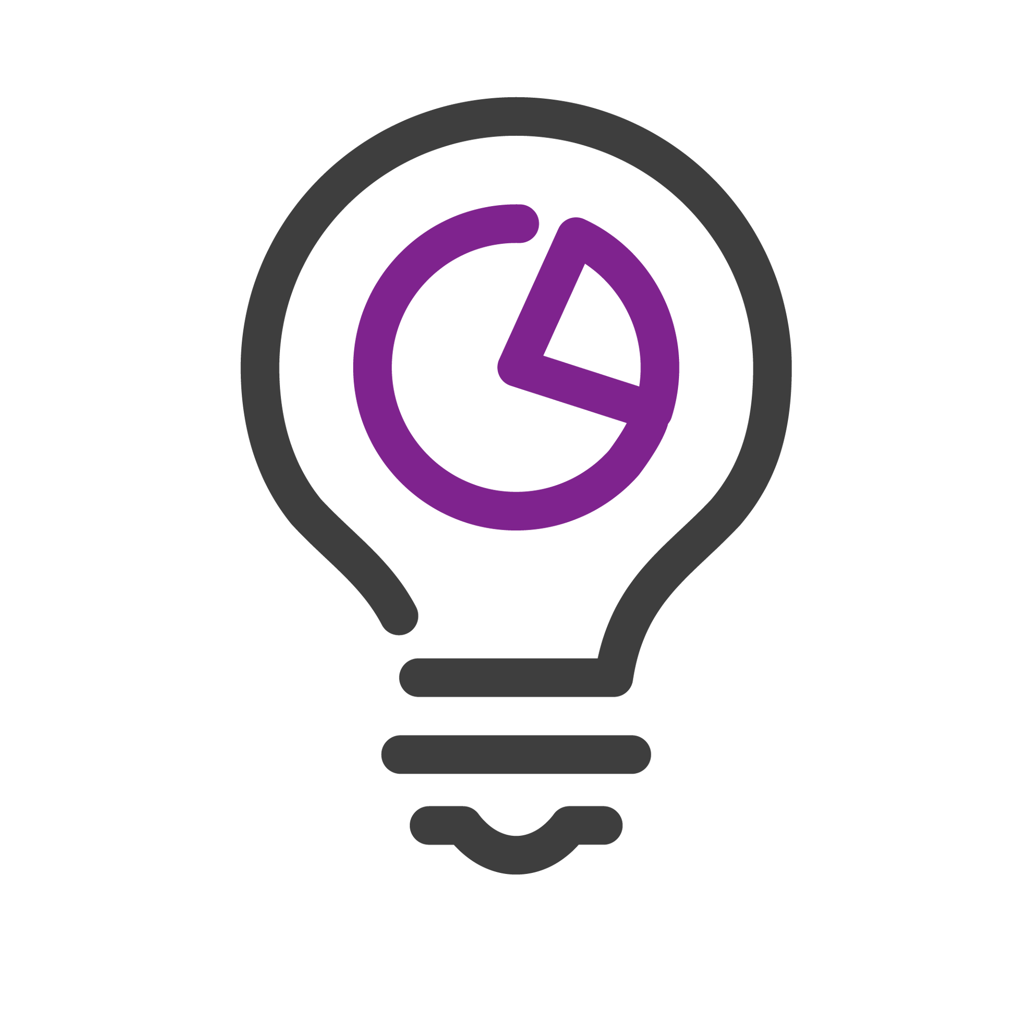 An illustration of a grey lightbulb outline containing a purple pie chart icon centered inside the bulb.