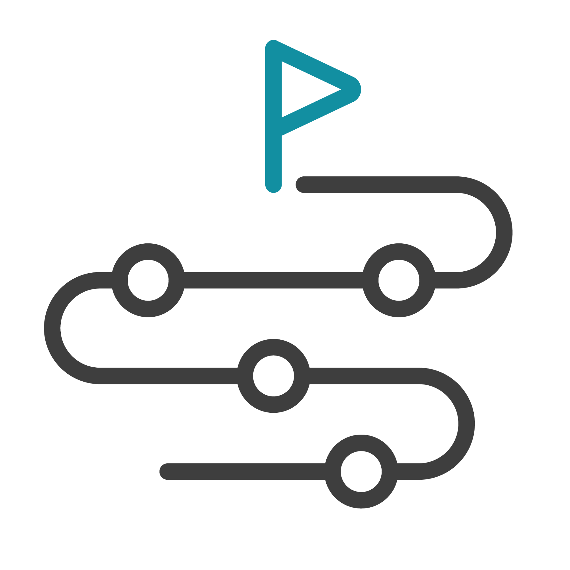 An illustration of a winding grey roadmap with circular milestone nodes leading toward a teal destination flag at the top.