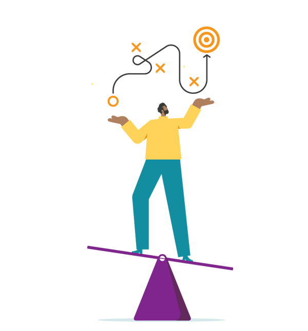 Illustration of a man in a yellow shirt and teal pants balancing on a purple scale while a squiggly line above him moves from start to three wrong turns before terminating at a bullseye. Illustration of a man in a yellow shirt and teal pants balancing on a purple scale while a squiggly line above him moves from start to three wrong turns before terminating at a bullseye.