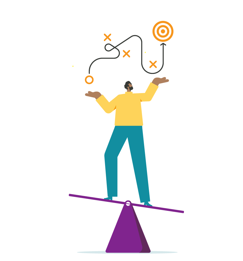 Man standing on a balance beam with icons above him Man standing on a balance beam with icons above him
