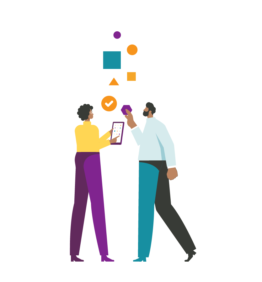 One person holding a tablet with the other facing them and shapes above both of them One person holding a tablet with the other facing them and shapes above both of them