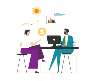Illustration of two professionals reviewing financial and performance data at a desk, with charts, a dollar symbol, and analytics icons.