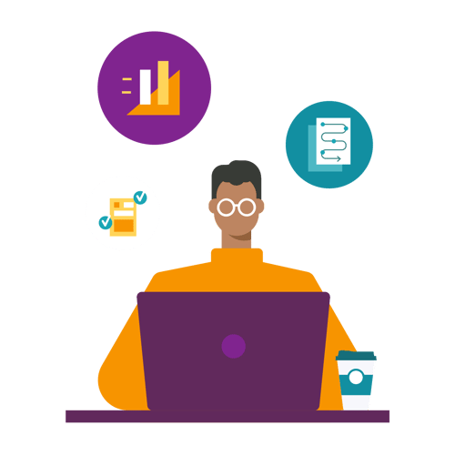 Illustration of a professional working on a laptop surrounded by dashboard, workflow, and checklist icons, representing data analysis and operational planning. Illustration of a professional working on a laptop surrounded by dashboard, workflow, and checklist icons, representing data analysis and operational planning.