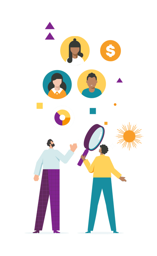 Illustration of two people using a magnifying glass to examine student profiles, representing analyzing student demographics. Illustration of two people using a magnifying glass to examine student profiles, representing analyzing student demographics.