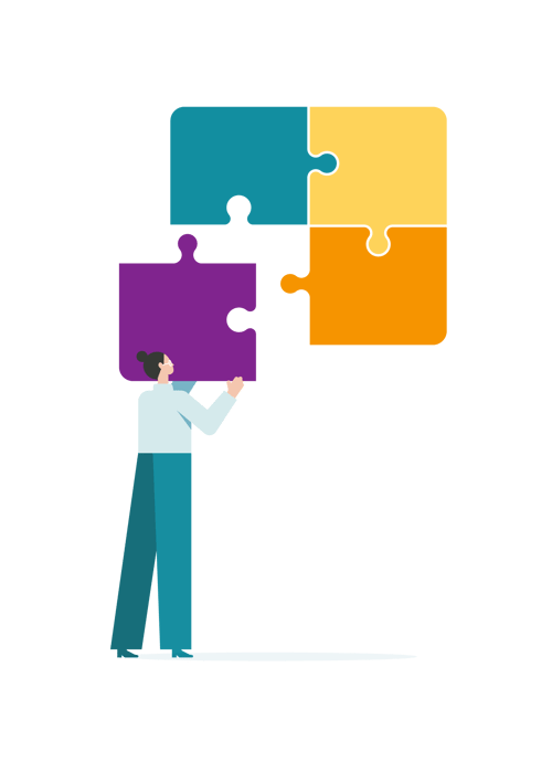 Illustration of a person fitting the final piece into a large puzzle. Illustration of a person fitting the final piece into a large puzzle.