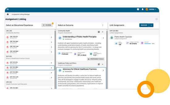 Image of HelioCampus Outcomes Assessment, showcasing Assignment Linking and two course outcomes with their linked assignments.