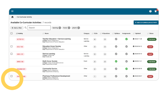Image of HelioCampus Co-Curricular Assessment interface with table of activities like "Teacher Education + Service-Learning" with their status, category, and date published.