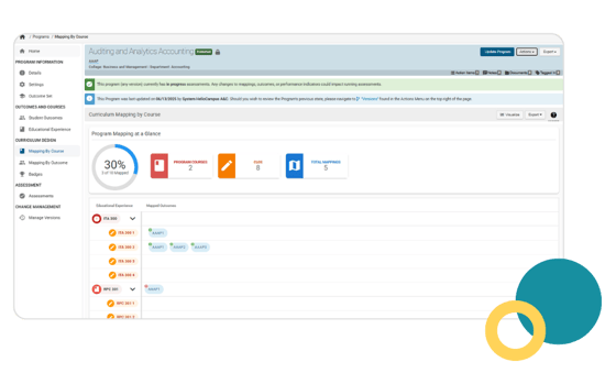 Image of HelioCampus Curriculum Mapping featuring a dashboard view of a program with mapped outcomes and courses with their linked outcomes listed below.