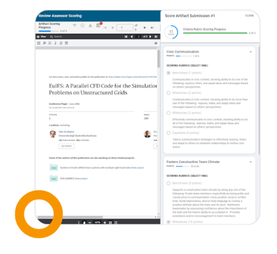 An image of HelioCampus Juried Assessment, showcasing the scoring interface with an academic paper on the left and scoring rubrics on the right for an artifact submission.
