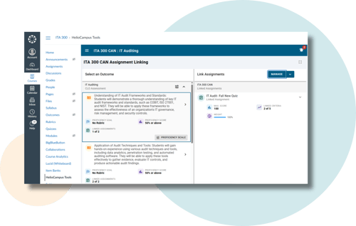 Image of HelioCampus Outcomes Assessment, showcasing Assignment Linking and two course outcomes with their linked assignments.