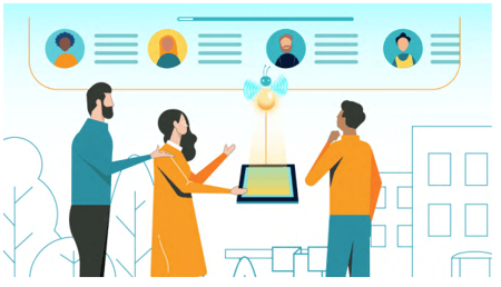 Digital illustration showing three individuals in an outdoor setting, using a tablet connected to a network of user avatars and data