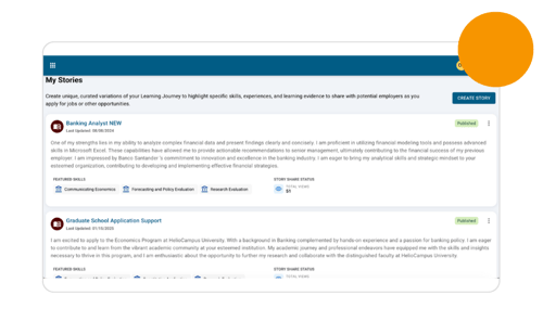 ID: My Stories page shows unique, curated variations of a student's Learning Journey for employers, listing "Banking Analyst NEW" and "Graduate School Application Support" in HelioCampus Learning Journey.