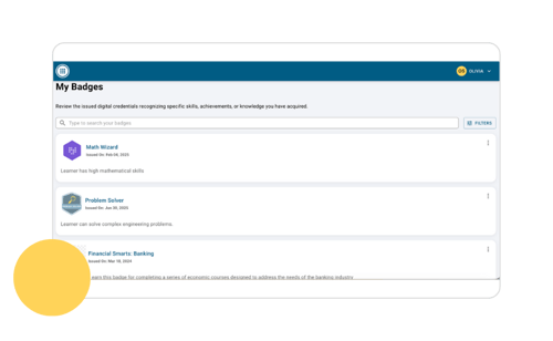 ID: My Badges page listing Math Wizard, Problem Solver, and Financial Smarts: Banking credentials in HelioCampus Learning Journey.