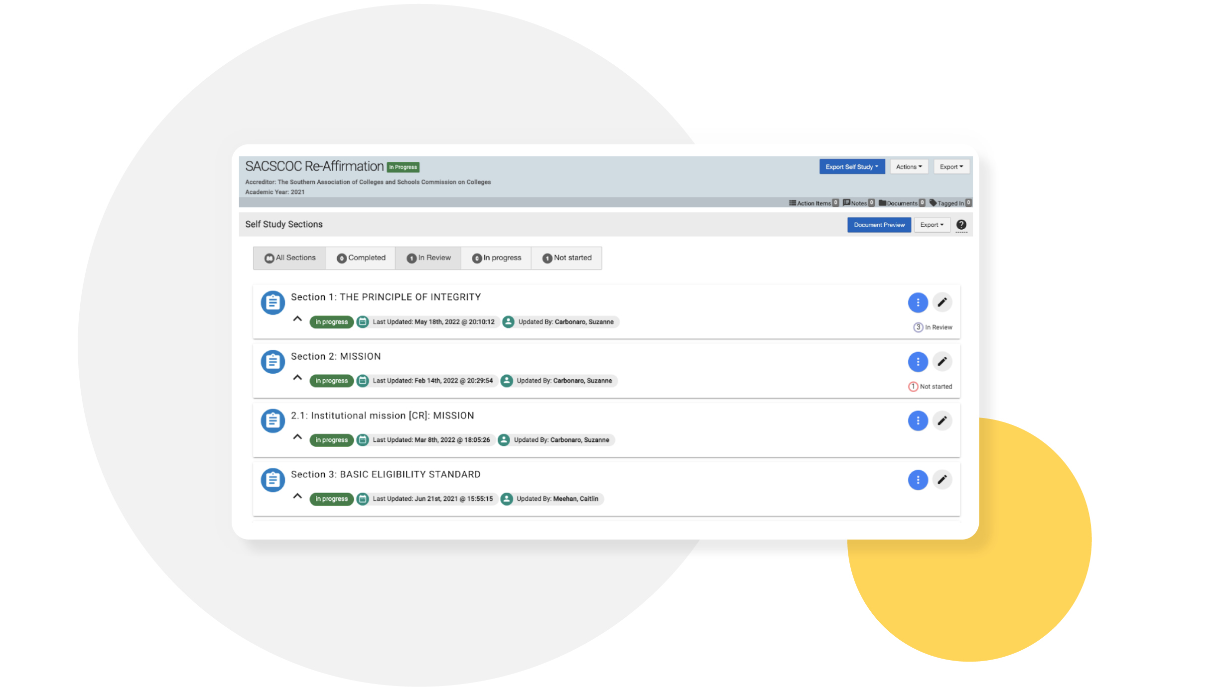 Screenshot of SACSCOC Reaffirmation template in HelioCampus Assessment platform