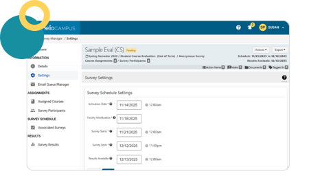 ID: Survey Manager / Settings showing the schedule for a survey, including Activation and End dates in HelioCampus Course Evaluations &amp; Surveys.