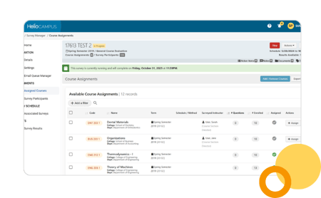 ID: Course Assignments page listing courses to assign to a survey in HelioCampus Course Evaluations &amp; Surveys.