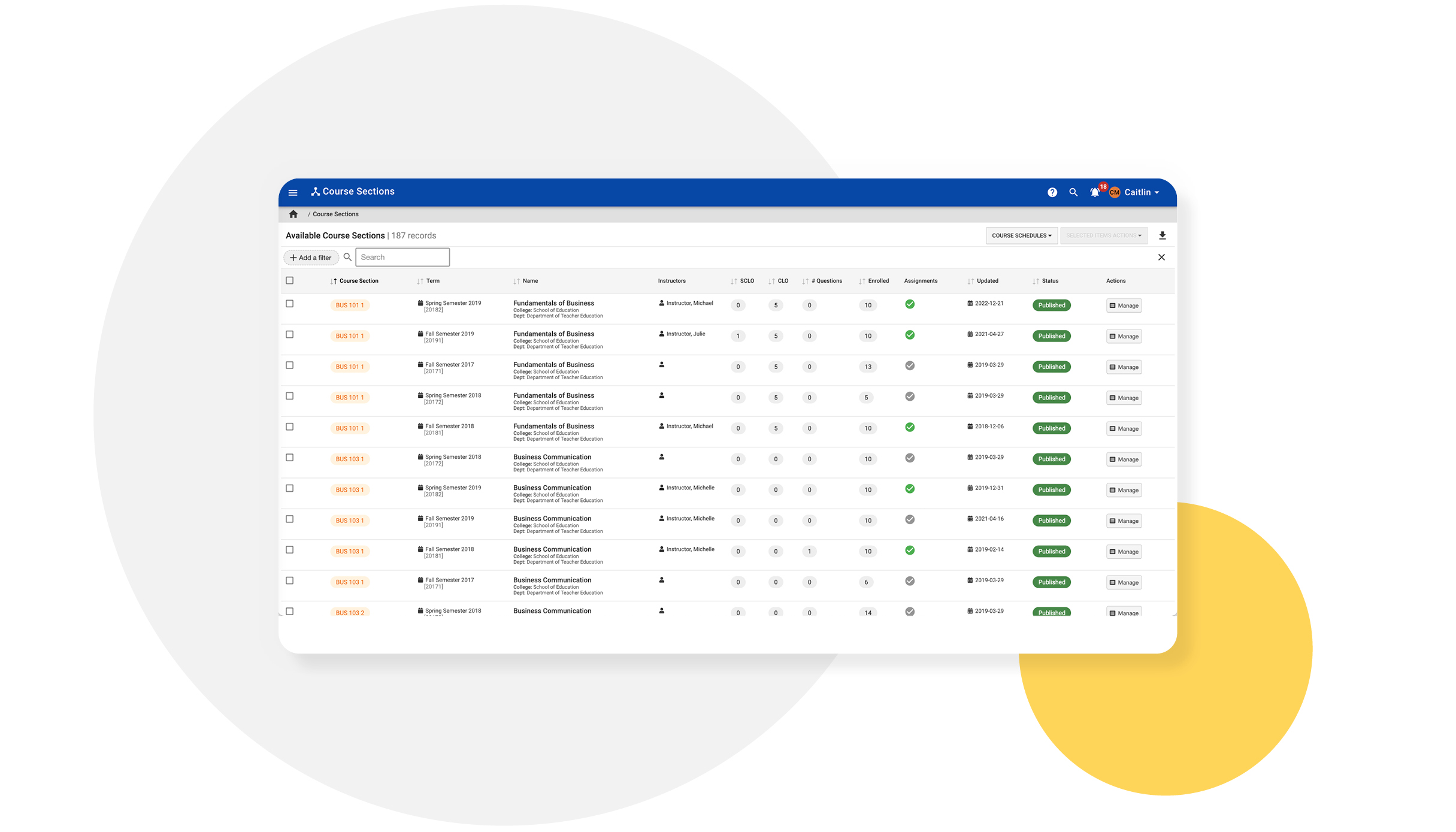 Screenshot of the course section manager within the Assessment platform.