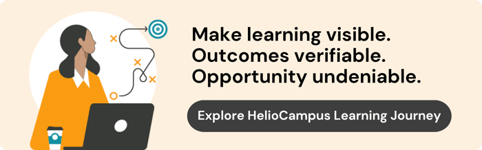 ID: An illustration of a woman working on a laptop, overlaid with a winding path leading to a target. Text reads: "Make learning visible. Outcomes verifiable. Opportunity undeniable." Below is a call-to-action button: "Explore HelioCampus Learning Journey."
