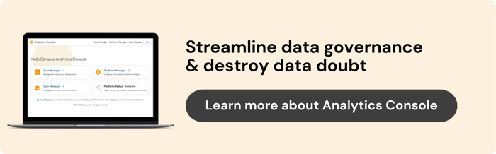 ID: A banner. On the left is a laptop showing the HelioCampus Analytics Console dashboard on the screen. On the right text reads: Streamline data governance &amp; destroy data doubt. Learn more about Analytics Console.
