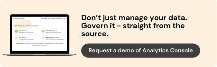 ID: A banner. On the left is a laptop showing the HelioCampus Analytics Console dashboard on the screen. On the right text reads: Don't just manage your data. Govern it - straight from the source. Request a demo of Analytics Console.