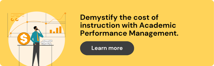 ID: On the left is an illustration of a man looking at finance shirts with a thoughtful expression. The text reads, Demystify the cost of instruction with Academic Performance Management.