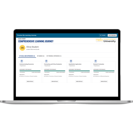 ID: Laptop displaying a preview of My Learning Journey for Olivia Student including Skills & Experiences, My Badges, My Personal Experiences, and details for each.