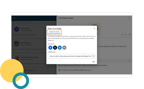 ID: Pop-up to Share Your Badge (Math Wizard) via social media icons and a Shareable URL in HelioCampus Learning Journey.
