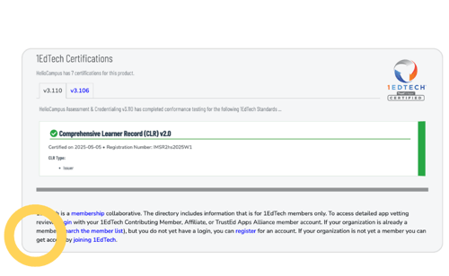 ID: 1EdTech Certifications showing a Comprehensive Learner Record (CLR) v2.0 certification in HelioCampus Learning Journey.
